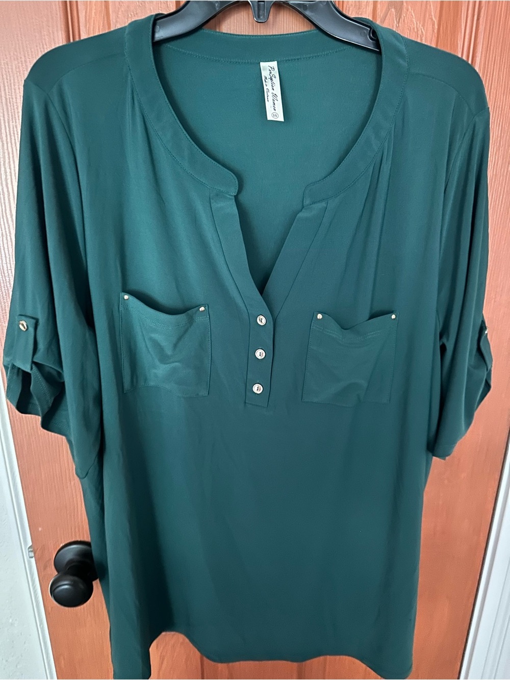 Women’s Forest Green Split-Neck Women's Top with Pocket Detail